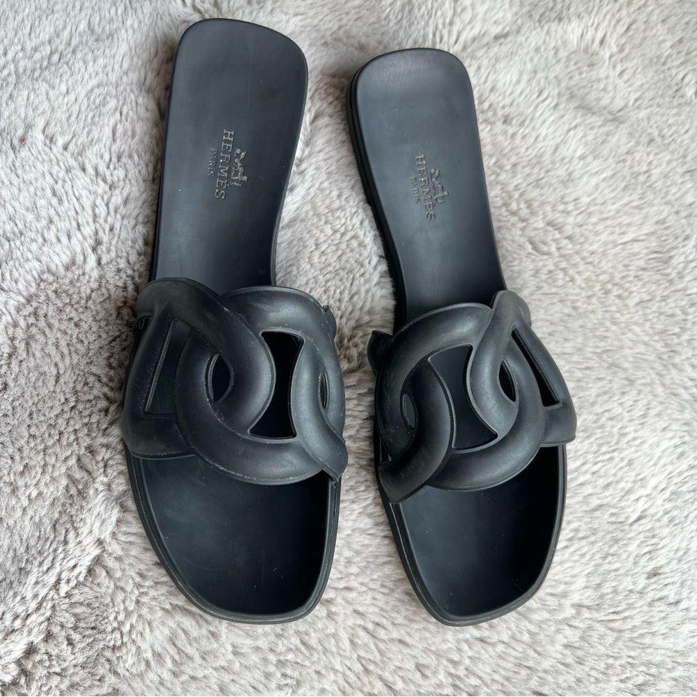 Hermes Black Logo Cutout Slide Sandals